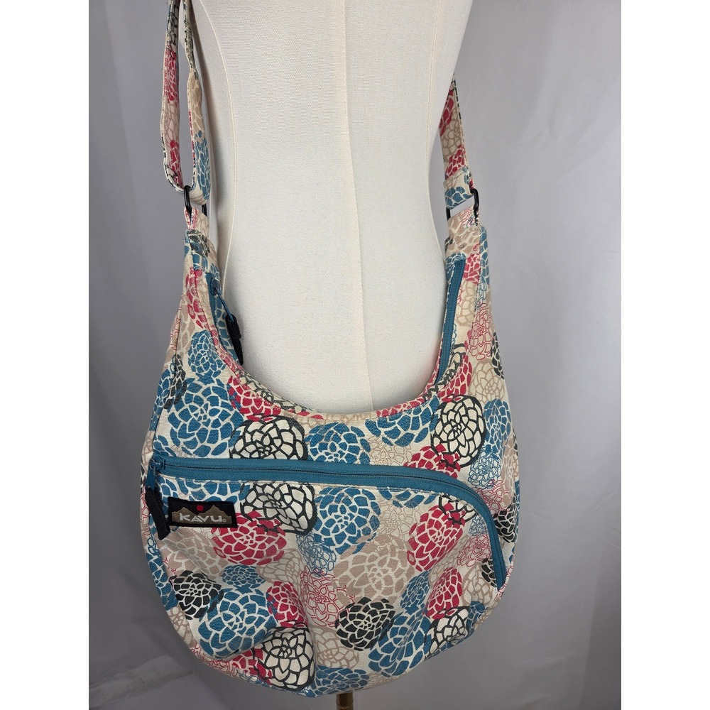 Kavu Sydney Satchel OS Multicolor Floral Cotton Canvas Crossbody Bag Tan Blue